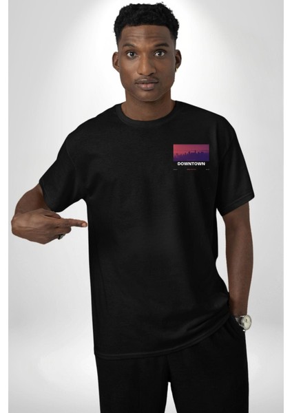 Şehir Merkezi Los Angeles Modern Kadın Erkek Ön Minimal Sırt Baskılı Siyah Pamuklu Tişört modelleri