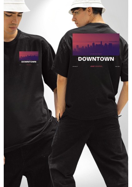 Şehir Merkezi Los Angeles Modern Kadın Erkek Ön Minimal Sırt Baskılı Siyah Pamuklu Tişört fırsatları