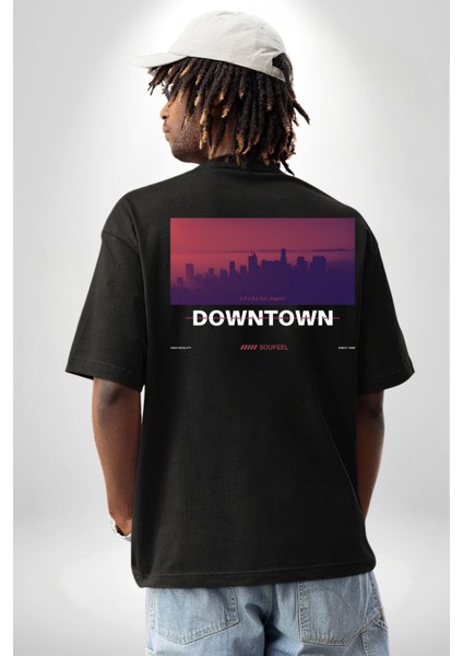 Şehir Merkezi Los Angeles Modern Kadın Erkek Ön Minimal Sırt Baskılı Siyah Pamuklu Tişört indirimleri