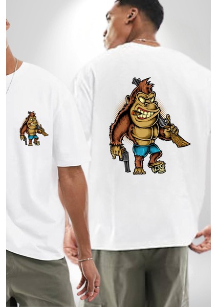 Teksaslı Savaşçı Goril Kadın Erkek Ön Minimal Sırt Baskılı Beyaz Pamuklu Tişört