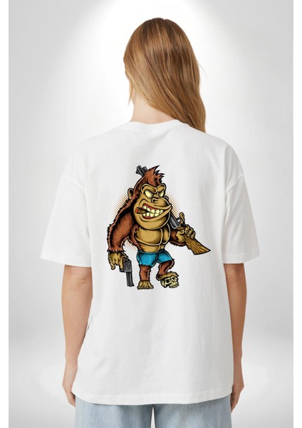 Teksaslı Savaşçı Goril Kadın Erkek Ön Minimal Sırt Baskılı Beyaz Pamuklu Tişört fiyatları