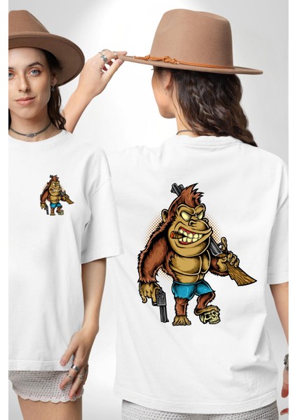 Teksaslı Savaşçı Goril Kadın Erkek Ön Minimal Sırt Baskılı Beyaz Pamuklu Tişört fırsatları