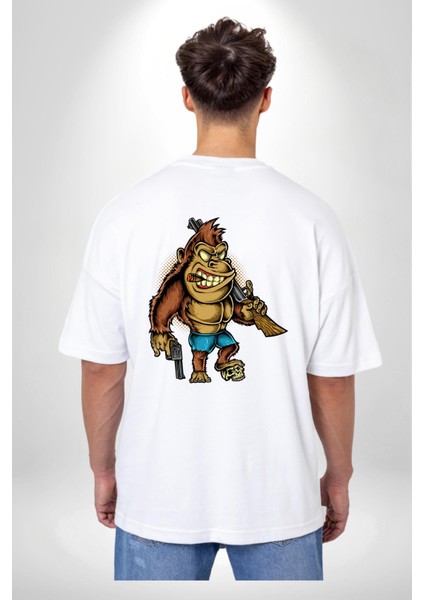 Teksaslı Savaşçı Goril Kadın Erkek Ön Minimal Sırt Baskılı Beyaz Pamuklu Tişört indirimleri