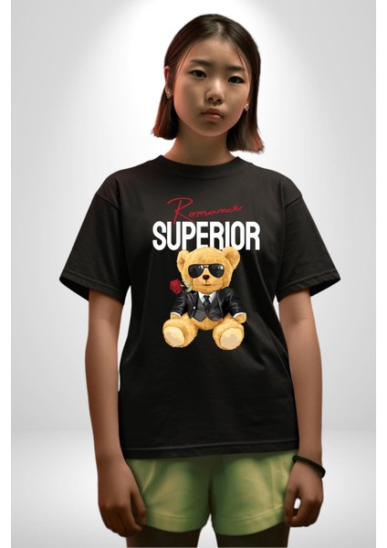 Romantik Oyuncak Ayı Kadın Erkek Ön Baskılı Siyah Pamuklu Tişört Penye Klasik modelleri