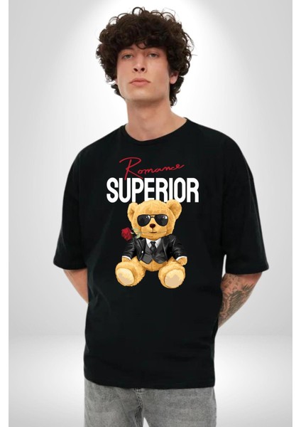 Romantik Oyuncak Ayı Kadın Erkek Ön Baskılı Siyah Pamuklu Tişört Penye Klasik fırsatları