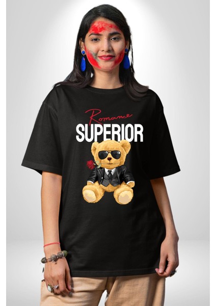 Romantik Oyuncak Ayı Kadın Erkek Ön Baskılı Siyah Pamuklu Tişört Penye Klasik indirimleri