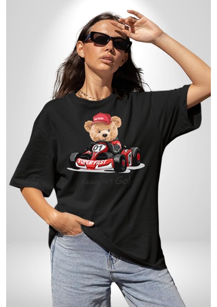 Süper Hızlı Go Kart Oyuncak Ayı Kadın Erkek Ön Baskılı Siyah Pamuklu Tişört Penye Klasik modelleri