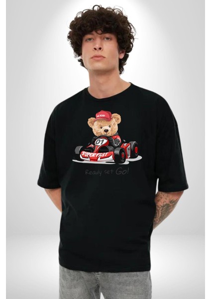 Süper Hızlı Go Kart Oyuncak Ayı Kadın Erkek Ön Baskılı Siyah Pamuklu Tişört Penye Klasik fırsatları