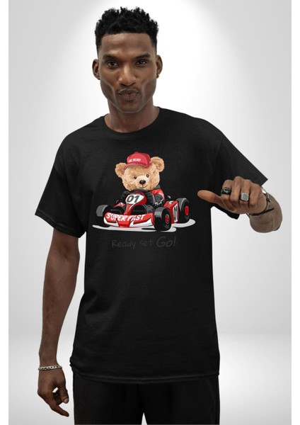 Süper Hızlı Go Kart Oyuncak Ayı Kadın Erkek Ön Baskılı Siyah Pamuklu Tişört Penye Klasik indirimleri