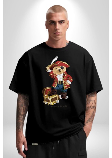 Korsan Hazine Oyuncak Tatlı Ayı Kadın Erkek Ön Baskılı Siyah Pamuklu Tişört Penye Klasik