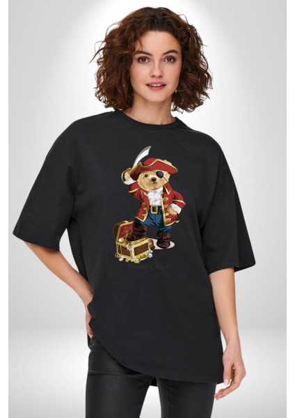 Korsan Hazine Oyuncak Tatlı Ayı Kadın Erkek Ön Baskılı Siyah Pamuklu Tişört Penye Klasik modelleri