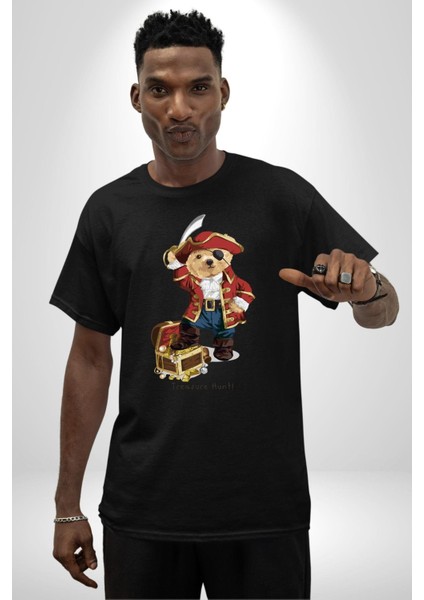 Korsan Hazine Oyuncak Tatlı Ayı Kadın Erkek Ön Baskılı Siyah Pamuklu Tişört Penye Klasik fırsatları