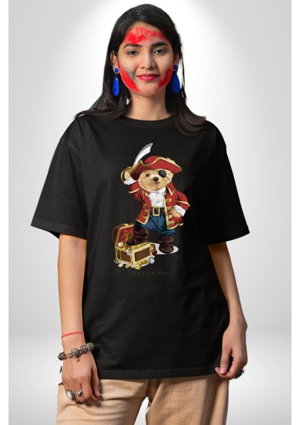 Korsan Hazine Oyuncak Tatlı Ayı Kadın Erkek Ön Baskılı Siyah Pamuklu Tişört Penye Klasik indirimleri