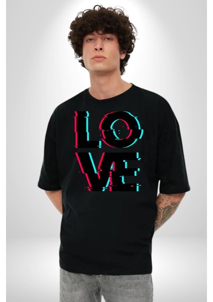 Glitch Aşk Yazısı Mavi Kırmızı Tonları Kadın Erkek Ön Baskılı Siyah Pamuklu Tişört Penye Klasik