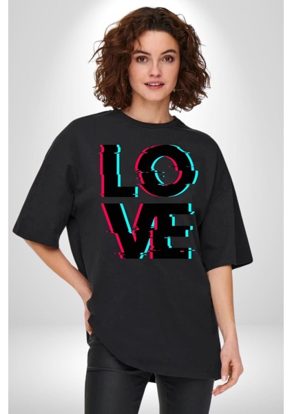 Glitch Aşk Yazısı Mavi Kırmızı Tonları Kadın Erkek Ön Baskılı Siyah Pamuklu Tişört Penye Klasik fiyatları