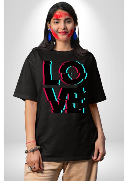 Glitch Aşk Yazısı Mavi Kırmızı Tonları Kadın Erkek Ön Baskılı Siyah Pamuklu Tişört Penye Klasik indirimleri