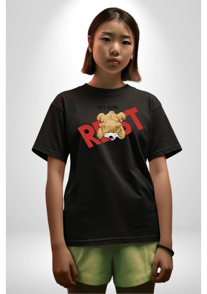 Biraz Dinlen Oyuncak Ayı Kadın Erkek Ön Baskılı Siyah Pamuklu Tişört Penye Klasik