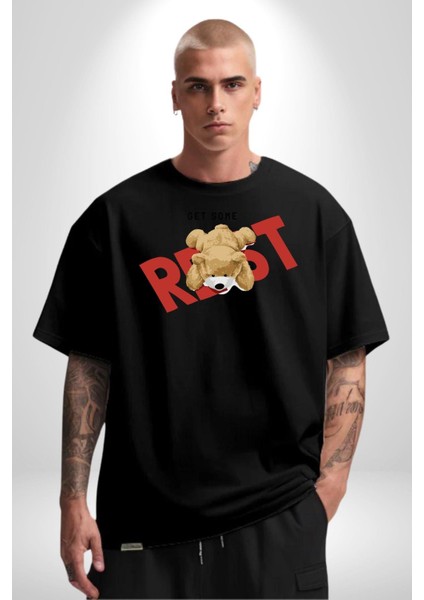 Biraz Dinlen Oyuncak Ayı Kadın Erkek Ön Baskılı Siyah Pamuklu Tişört Penye Klasik fiyatları