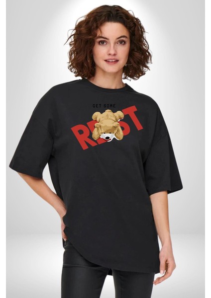 Biraz Dinlen Oyuncak Ayı Kadın Erkek Ön Baskılı Siyah Pamuklu Tişört Penye Klasik modelleri