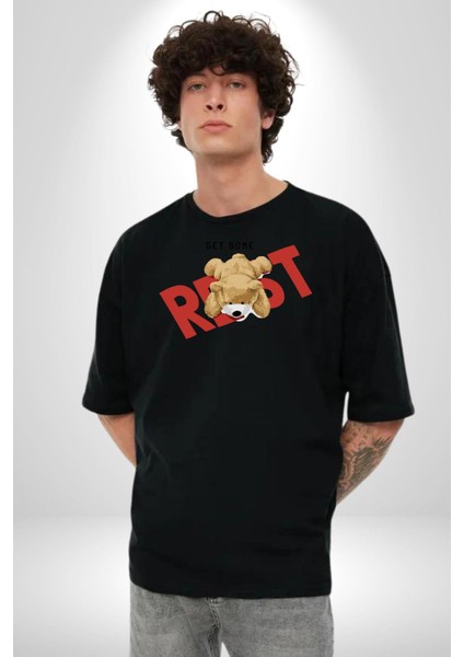 Biraz Dinlen Oyuncak Ayı Kadın Erkek Ön Baskılı Siyah Pamuklu Tişört Penye Klasik fırsatları