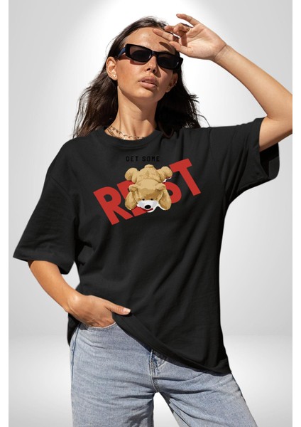 Biraz Dinlen Oyuncak Ayı Kadın Erkek Ön Baskılı Siyah Pamuklu Tişört Penye Klasik indirimleri