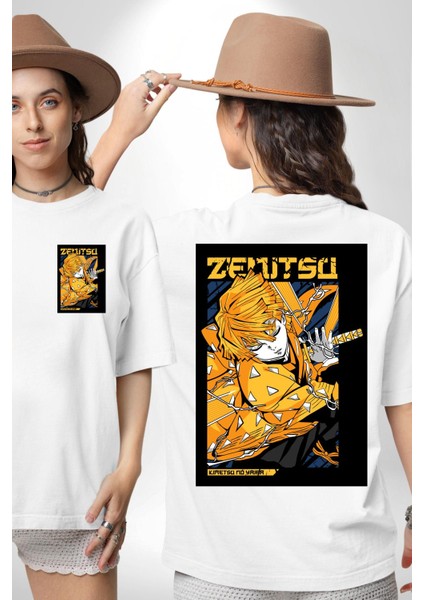 Demon Slayer Zenitsu Agatsuma Anime Kadın Erkek Ön Minimal Sırt Baskılı Beyaz Pamuklu Tişört