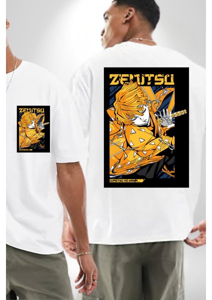 Demon Slayer Zenitsu Agatsuma Anime Kadın Erkek Ön Minimal Sırt Baskılı Beyaz Pamuklu Tişört fırsatları