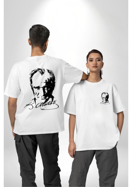 Mustafa Kemal Atatürk Imza ve Silüet Kadın Erkek Ön Minimal Sırt Baskılı Beyaz Pamuklu Tişört