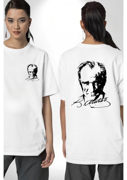 Mustafa Kemal Atatürk Imza ve Silüet Kadın Erkek Ön Minimal Sırt Baskılı Beyaz Pamuklu Tişört fırsatları
