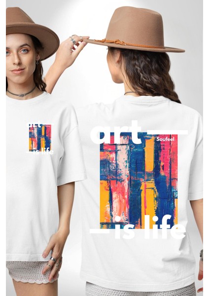 Sanat Hayattır Modern Art Kadın Erkek Ön Minimal Sırt Baskılı Beyaz Pamuklu Tişört
