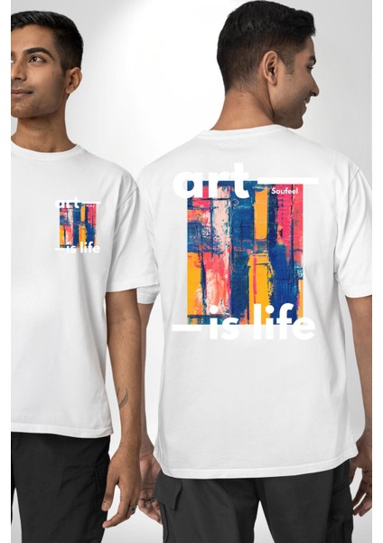 Sanat Hayattır Modern Art Kadın Erkek Ön Minimal Sırt Baskılı Beyaz Pamuklu Tişört fırsatları
