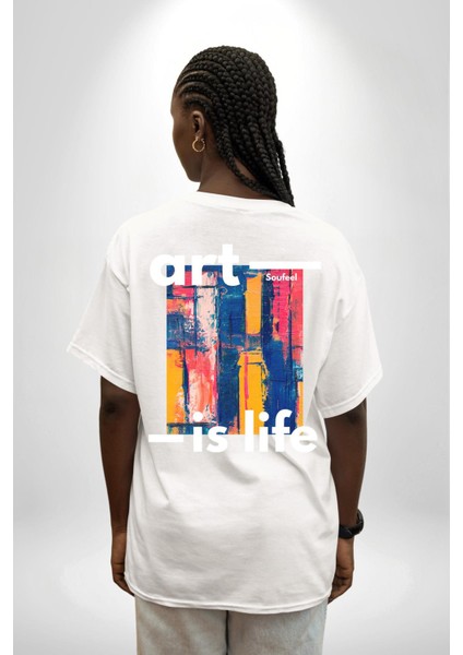 Sanat Hayattır Modern Art Kadın Erkek Ön Minimal Sırt Baskılı Beyaz Pamuklu Tişört indirimleri