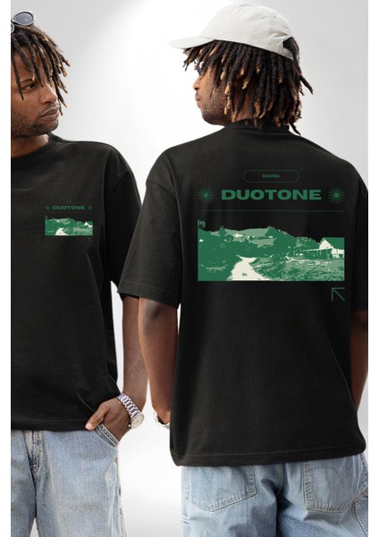 Çift Ayar Yeşil Tonları Köy Evleri Kadın Erkek Ön Minimal Sırt Baskılı Siyah Pamuklu Tişört