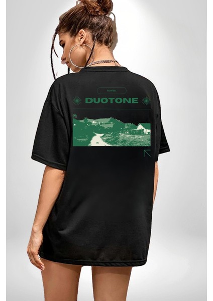Çift Ayar Yeşil Tonları Köy Evleri Kadın Erkek Ön Minimal Sırt Baskılı Siyah Pamuklu Tişört fiyatları