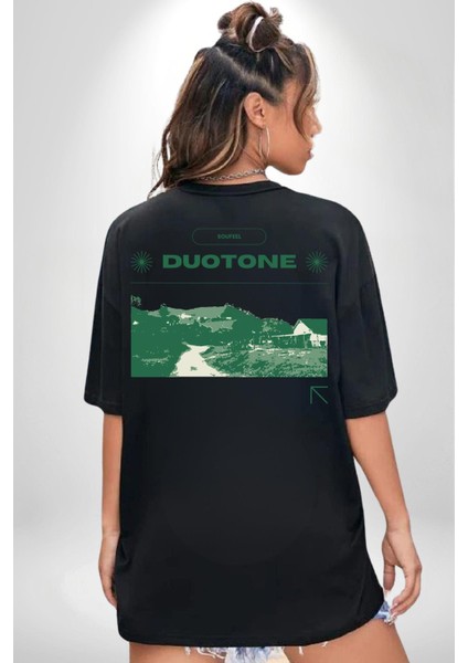 Çift Ayar Yeşil Tonları Köy Evleri Kadın Erkek Ön Minimal Sırt Baskılı Siyah Pamuklu Tişört indirimleri
