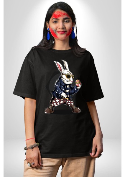 Havalı Deri Ceketli Tavşan Paskalya Kadın Erkek Ön Baskılı Siyah Pamuklu Tişört Penye Klasik
