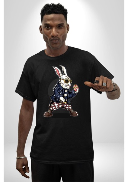 Havalı Deri Ceketli Tavşan Paskalya Kadın Erkek Ön Baskılı Siyah Pamuklu Tişört Penye Klasik modelleri