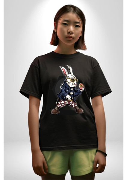 Havalı Deri Ceketli Tavşan Paskalya Kadın Erkek Ön Baskılı Siyah Pamuklu Tişört Penye Klasik fırsatları