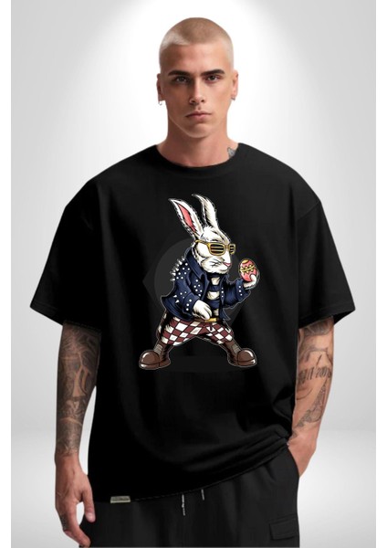 Havalı Deri Ceketli Tavşan Paskalya Kadın Erkek Ön Baskılı Siyah Pamuklu Tişört Penye Klasik indirimleri