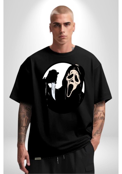 Çığlık Amerikan Korku Karakteri Kadın Erkek Ön Baskılı Siyah Pamuklu Tişört Penye Klasik