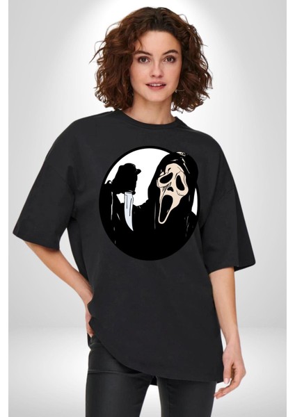 Çığlık Amerikan Korku Karakteri Kadın Erkek Ön Baskılı Siyah Pamuklu Tişört Penye Klasik modelleri