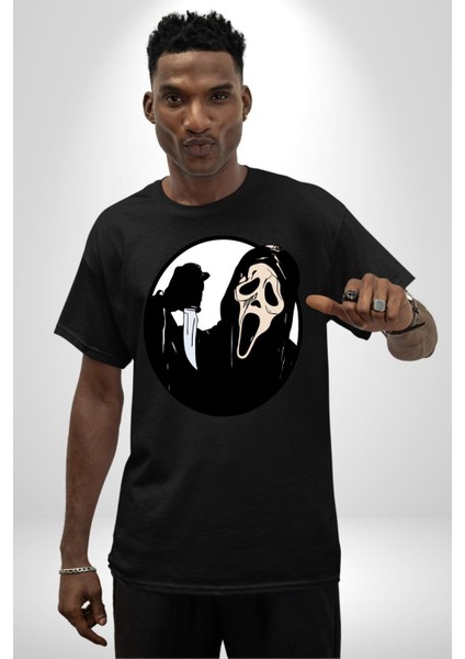 Çığlık Amerikan Korku Karakteri Kadın Erkek Ön Baskılı Siyah Pamuklu Tişört Penye Klasik fırsatları