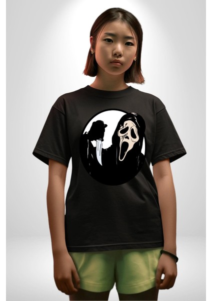 Çığlık Amerikan Korku Karakteri Kadın Erkek Ön Baskılı Siyah Pamuklu Tişört Penye Klasik indirimleri