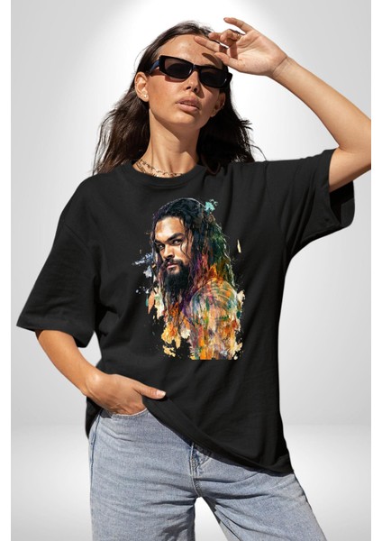 Jason Momoa Aquman Rengarenk Karakter Kadın Erkek Ön Baskılı Siyah Pamuklu Tişört Penye Klasik
