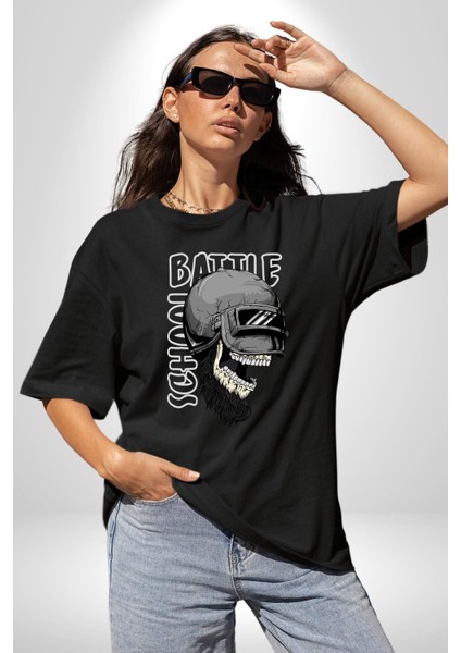 Savaş Okulu Kasklı Kuru Kafatası Kadın Erkek Ön Baskılı Siyah Pamuklu Tişört Penye Klasik