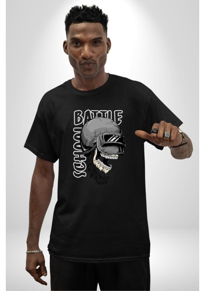 Savaş Okulu Kasklı Kuru Kafatası Kadın Erkek Ön Baskılı Siyah Pamuklu Tişört Penye Klasik fırsatları