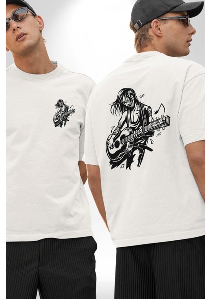 Rock N Rollcu Tarz Adam Kadın Erkek Ön Minimal Sırt Baskılı Beyaz Pamuklu Tişört