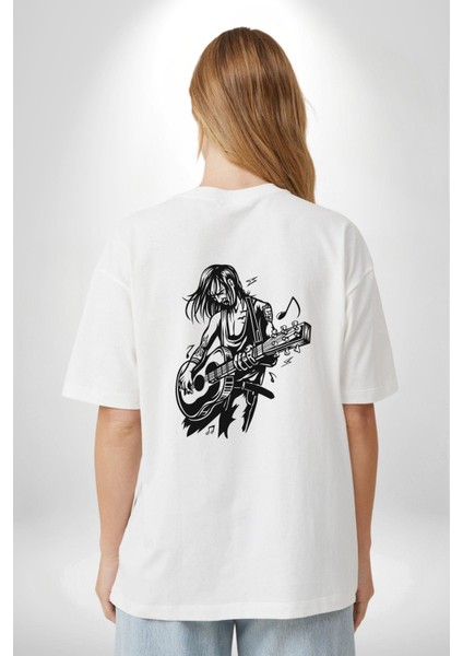 Rock N Rollcu Tarz Adam Kadın Erkek Ön Minimal Sırt Baskılı Beyaz Pamuklu Tişört fiyatları