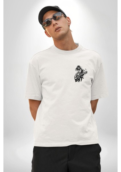 Rock N Rollcu Tarz Adam Kadın Erkek Ön Minimal Sırt Baskılı Beyaz Pamuklu Tişört modelleri