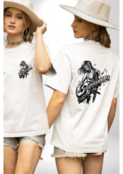 Rock N Rollcu Tarz Adam Kadın Erkek Ön Minimal Sırt Baskılı Beyaz Pamuklu Tişört fırsatları